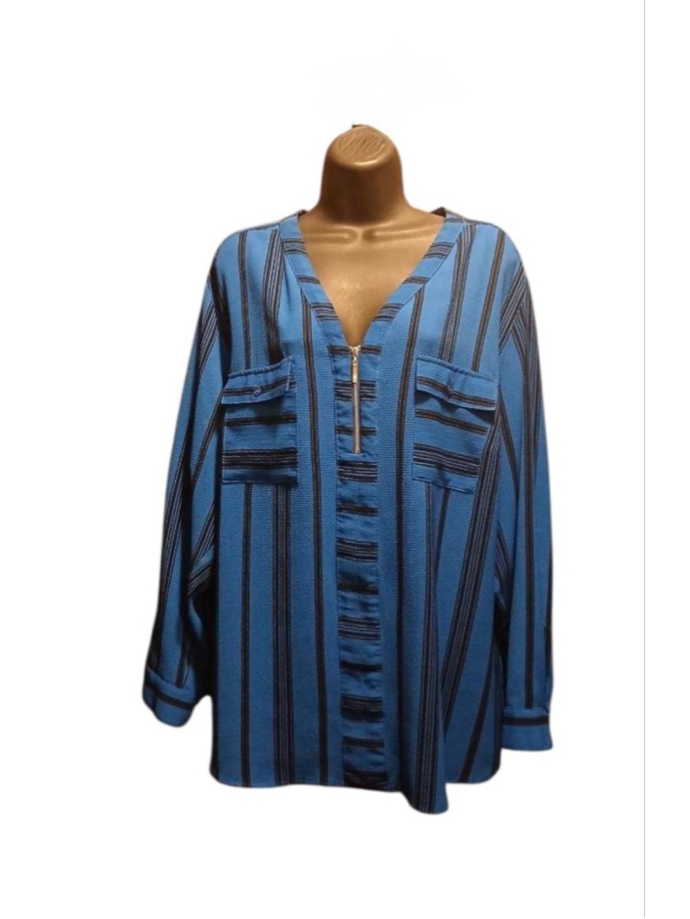 Notations Woman's 3X Plus Size Striped 1/4 Zip Blouse Royal Blue (JC262)